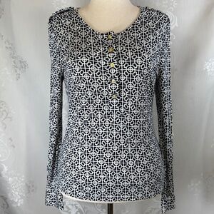 Tory Burch Long Sleeve Hadley Printed Henley Top Black and White Size XL
